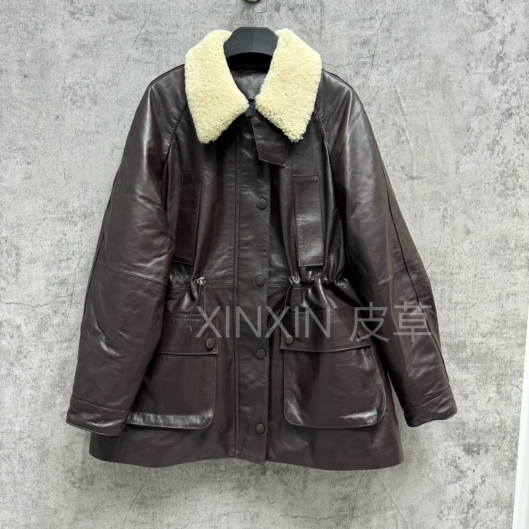 2024冬网红款真皮羽绒中长款皮衣女绵羊皮羊羔毛领收腰款风衣外套