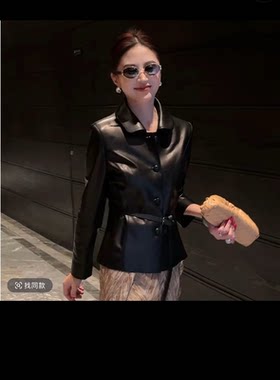 带腰带纯皮绵羊皮皮衣翻领复古真皮皮衣春季收腰显瘦短款外套