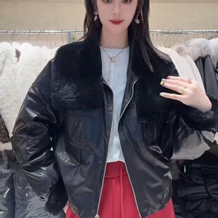 2025冬季新款真皮皮衣女拼接皮毛一体鸭绒羽绒服小个子绵羊皮外套