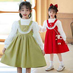 女童连衣裙秋冬款 套装 裙子长袖 洋气儿童两件套公主裙儿童泡泡袖