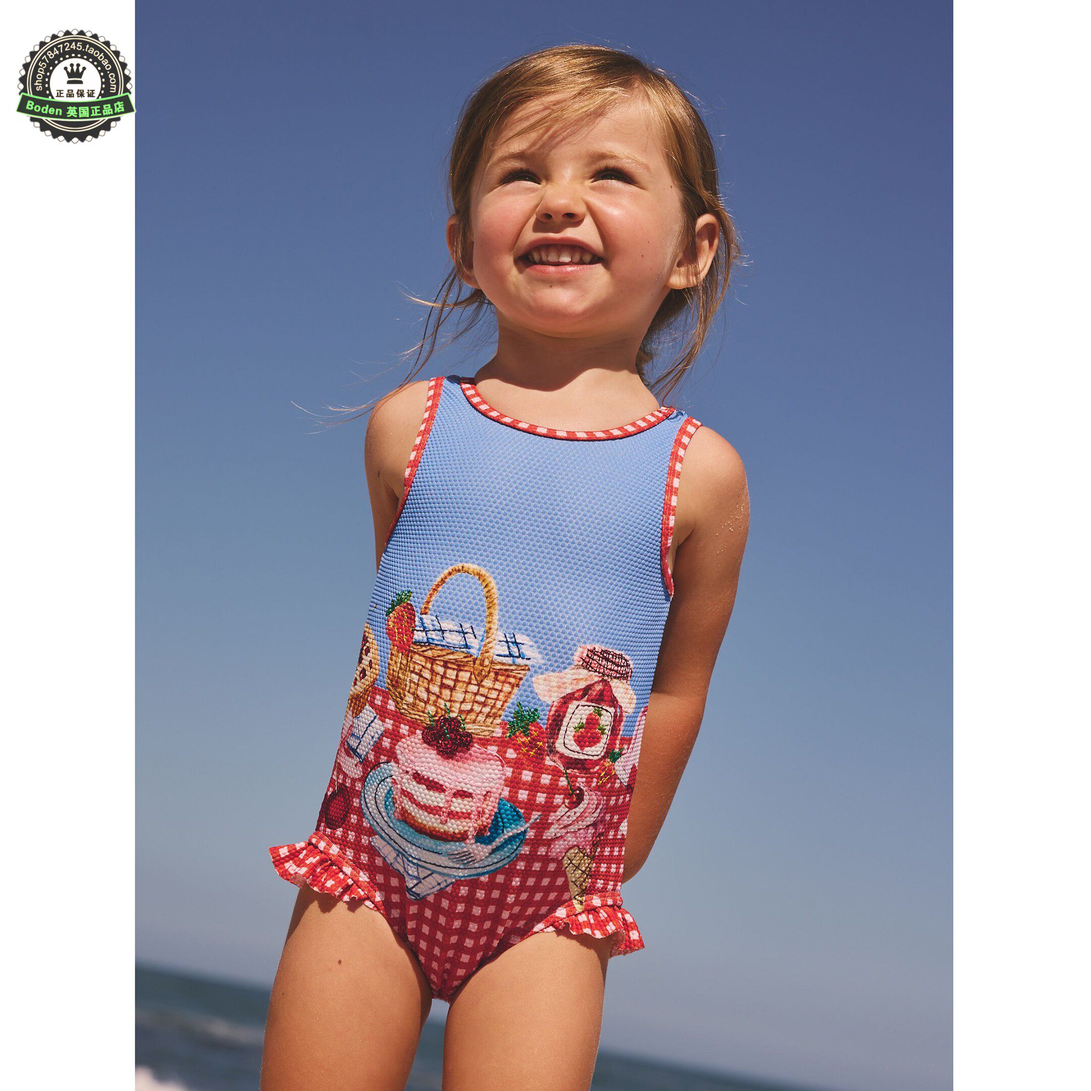 代购NEXT儿童连体泳衣 26夏季女童红蓝方格棉布野餐泳装 3月-10岁