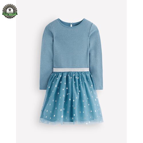 代购MiniBoden女童连衣裙 26秋季女孩蓝色蓬蓬网纱派对礼服儿童裙