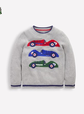 代购 MiniBoden儿童毛衣 25秋男童灰色汽车圆领套头针织衫 2-10岁