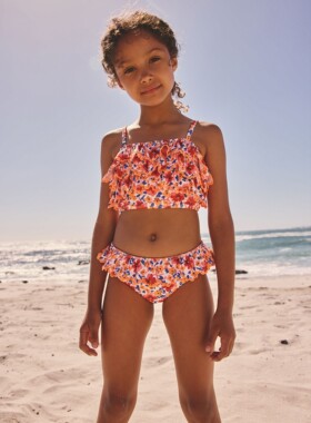 代购NEXT儿童泳衣 26夏女童橙色花卉荷叶边比基尼分体泳装 3-16岁