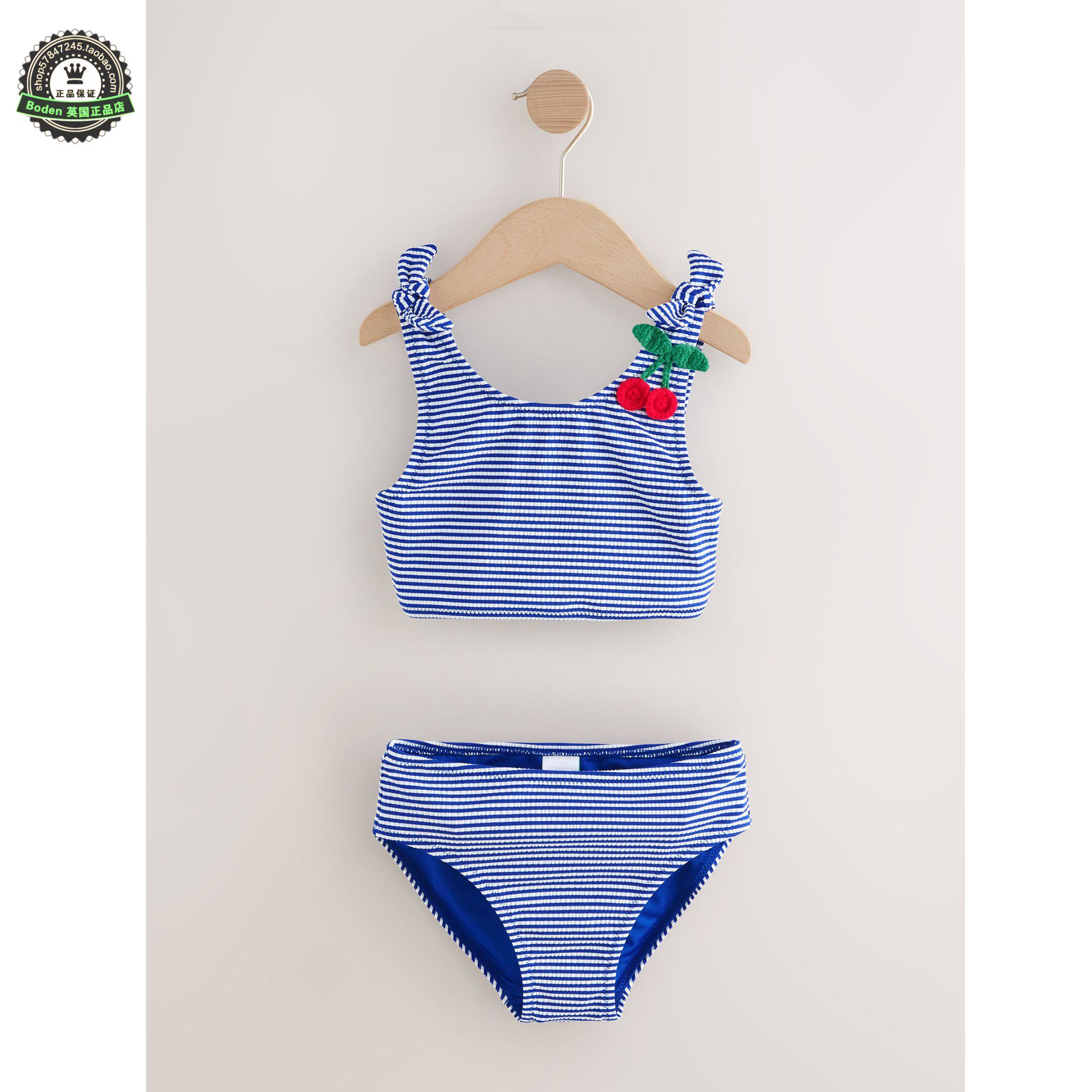 代购NEXT儿童泳衣 26夏季女童蓝色樱桃条纹比基尼分体泳装 3-16岁