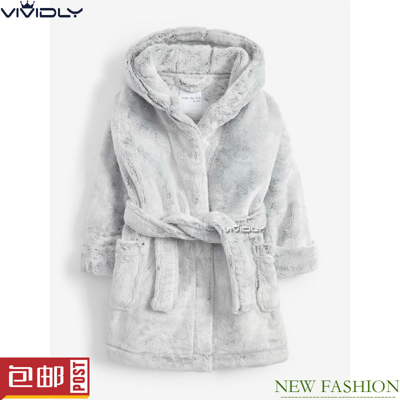现货正品NEXT儿童灰色浴袍 秋冬男女大童毛绒绒连帽睡袍 9月-16岁