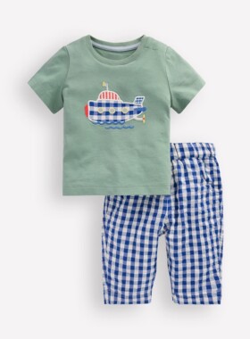 代购MiniBoden宝宝套装 26夏季婴幼儿蓝格飞机短袖T恤+长裤 0-3岁