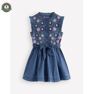 代购 MiniBoden女童连衣裙 26夏蓝色牛仔荷叶边儿童衬衫裙 2-12岁