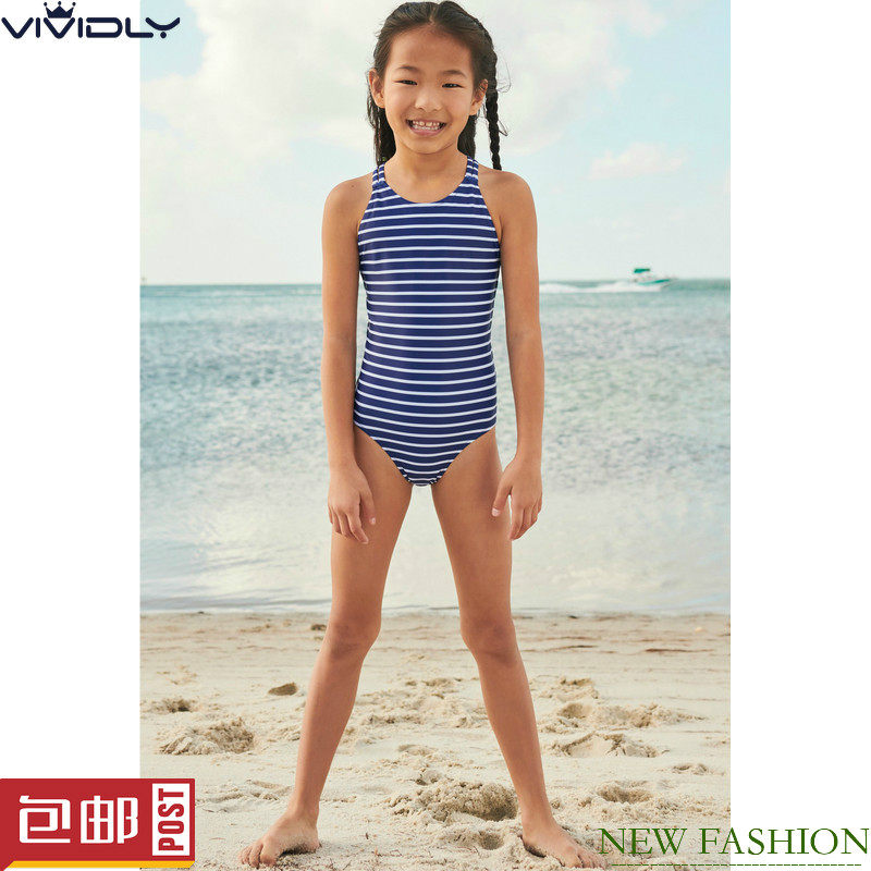 现货速发！NEXT儿童连体泳衣 夏季大童蓝白条纹女孩温泉泳装 13岁