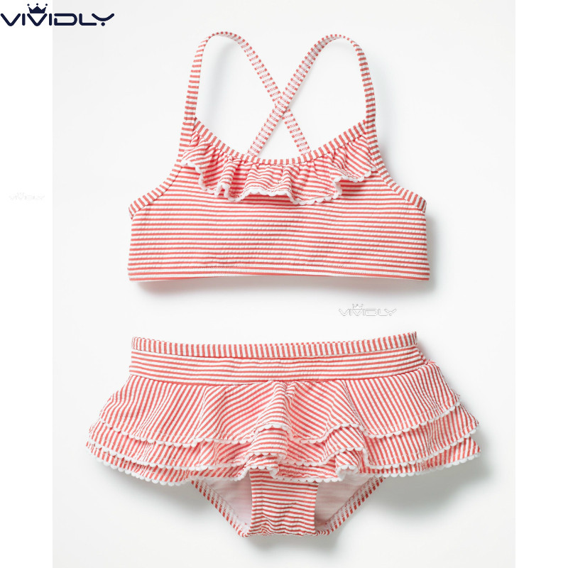 现货MiniBoden儿童比基尼 春夏中小女童蓝/红条纹分体泳衣泳裤