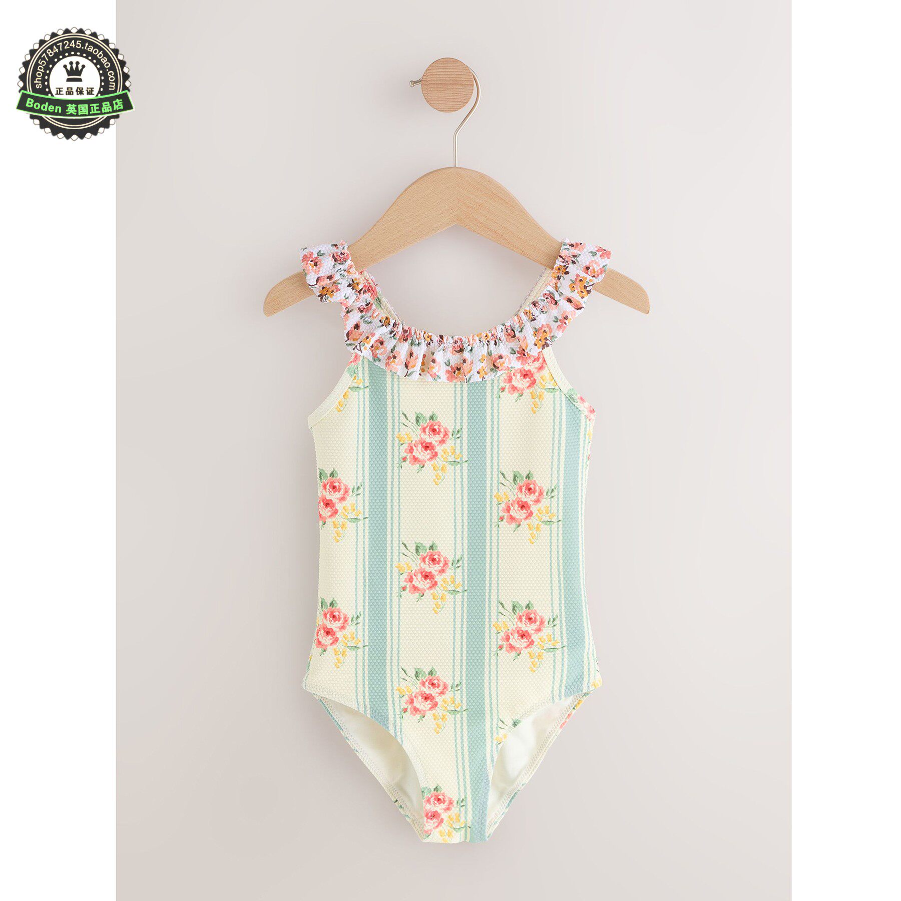 现货NEXT儿童连体泳衣 25夏季大女童蓝色碎花条纹褶边泳装 10岁