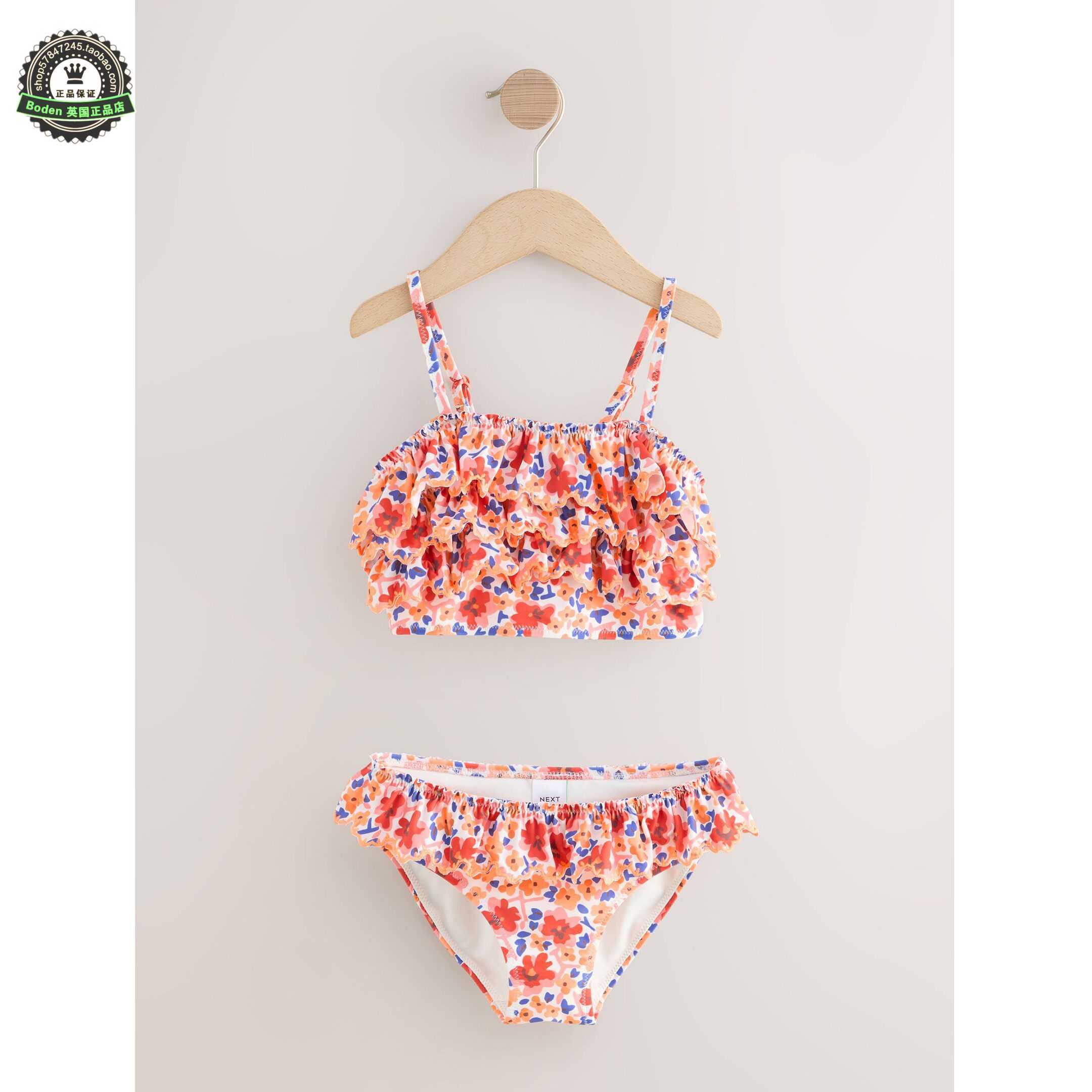 代购NEXT儿童泳衣 26夏女童橙色花卉荷叶边比基尼分体泳装 3-16岁