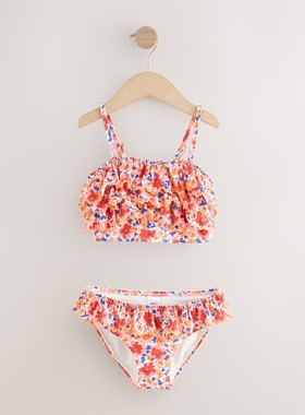 代购NEXT儿童泳衣 26夏女童橙色花卉荷叶边比基尼分体泳装 3-16岁