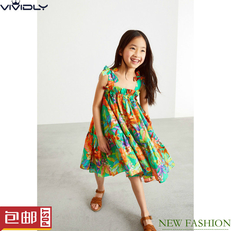 现货NEXT女童纯棉沙滩裙 夏季海军蓝碎花儿童吊带连衣裙(12-13岁)