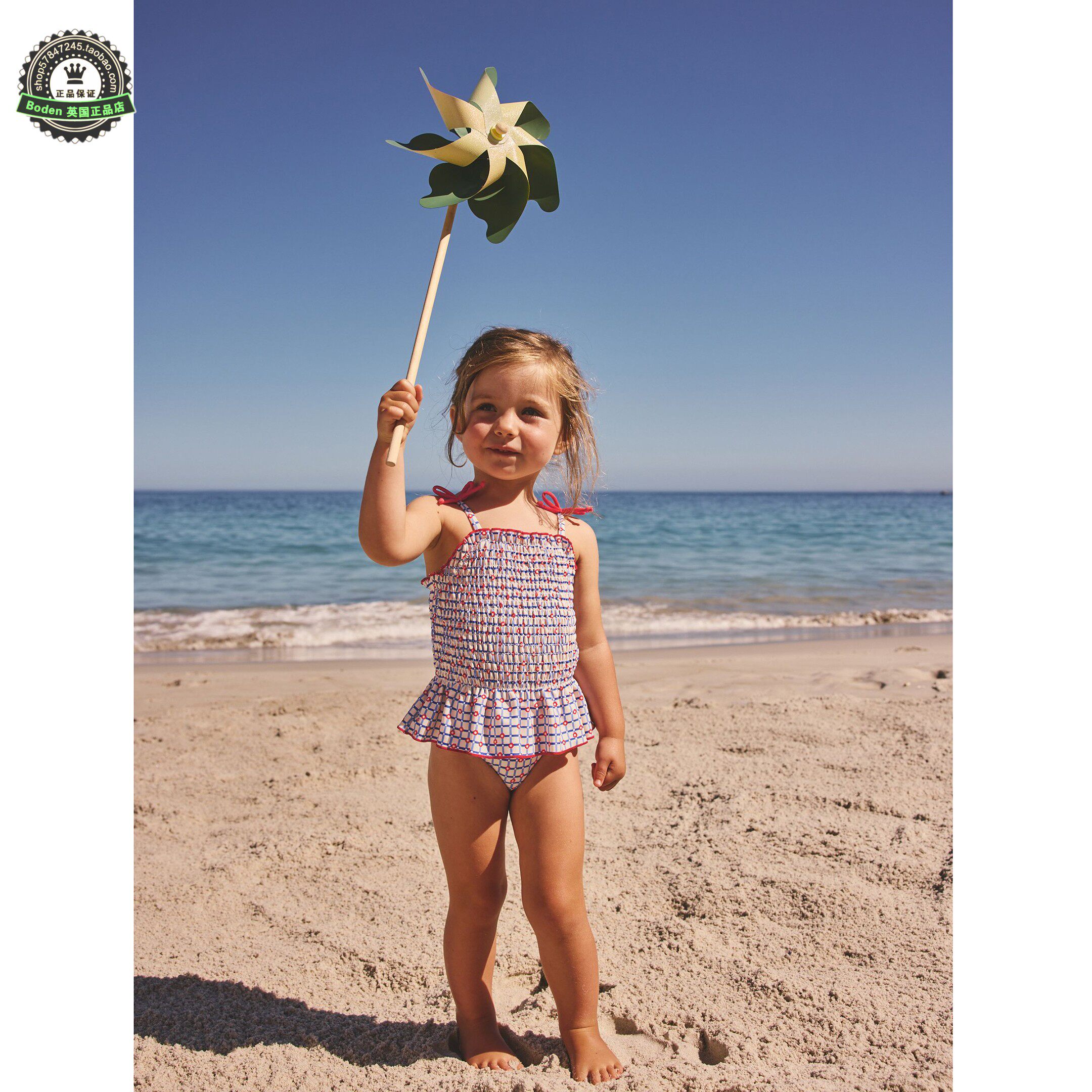 代购 NEXT儿童连体泳衣 26夏季女童红蓝格纹褶皱宝宝泳装 3月-7岁