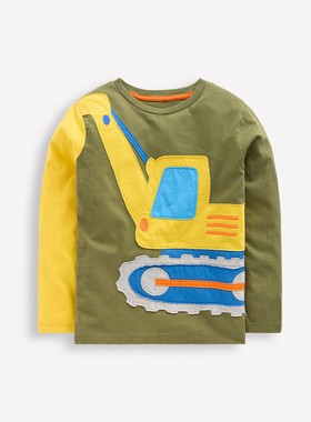 代购 MiniBoden儿童长袖T恤 26春夏男童绿色矿车纯棉打底衫 2-8岁