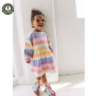 代购 NEXT儿童运动卫衣裙 26春秋季小女童彩虹条纹连衣裙 3月-7岁