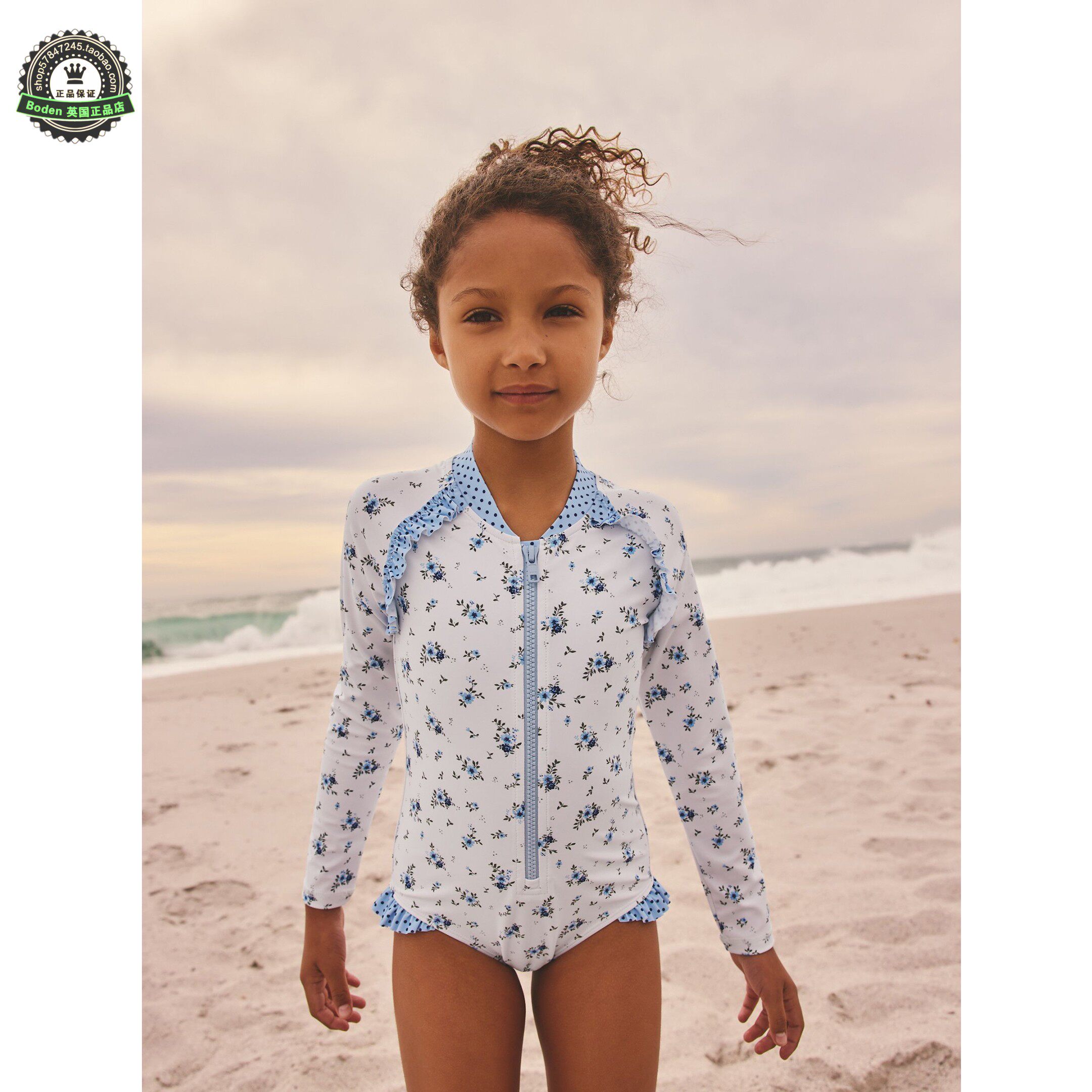 代购NEXT儿童连体泳衣 26夏女童蓝白花卉沙滩长袖防晒泳装 3-16岁