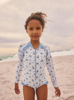 代购NEXT儿童连体泳衣 26夏女童蓝白花卉沙滩长袖防晒泳装 3-16岁