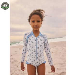 代购 防晒泳装 26夏女童蓝白花卉沙滩长袖 16岁 NEXT儿童连体泳衣