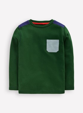 代购MiniBoden儿童T恤 26春季男童绿色格纹纯棉长袖打底衫 2-14岁