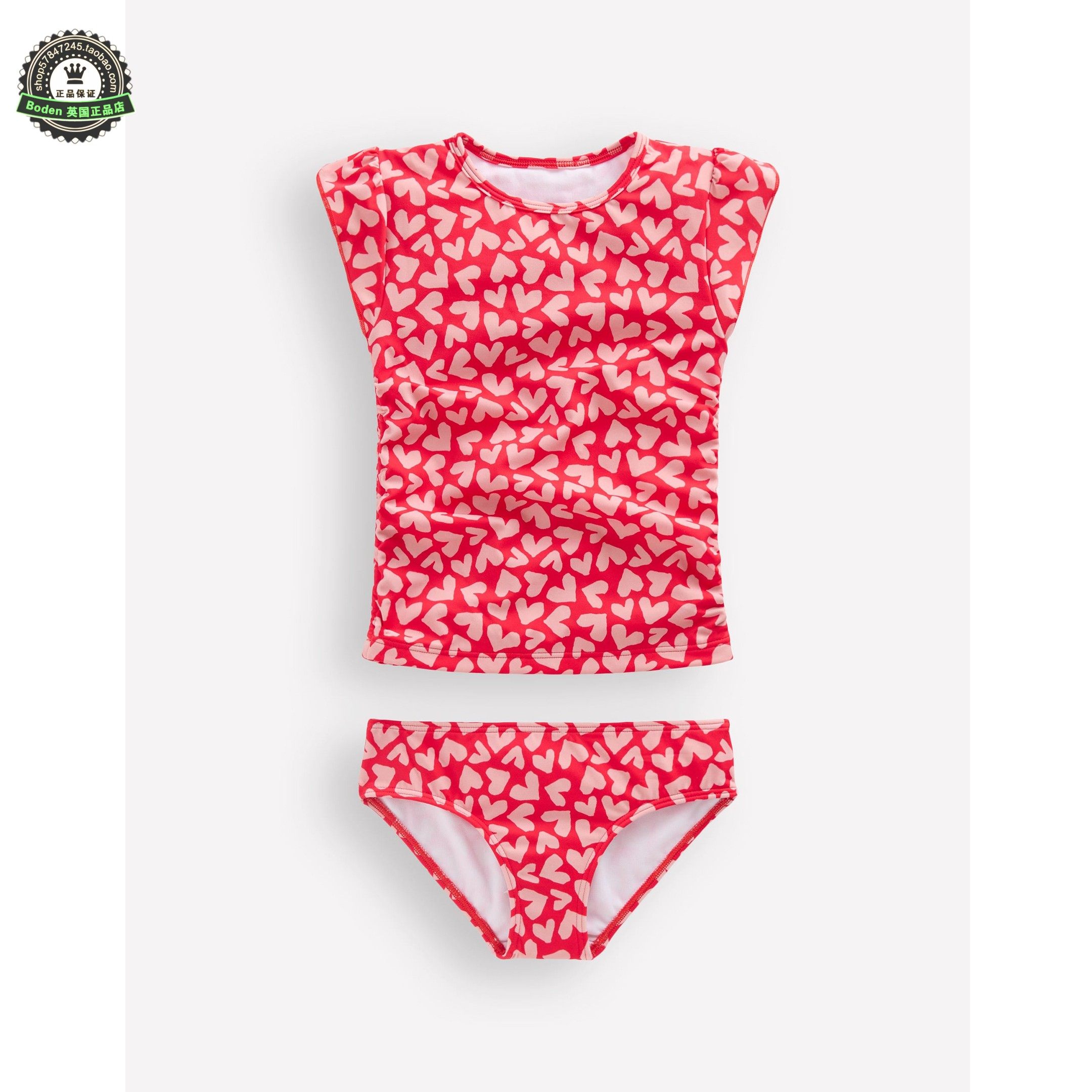代购MiniBoden儿童分体泳衣 26春夏季女童红色爱心褶皱比基尼泳装