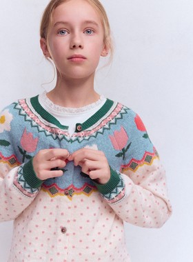 代购 MiniBoden儿童毛衣 26春秋季女童米粉色花朵针织开衫 2-14岁