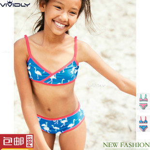 现货 MiniBoden儿童比基尼 夏季女孩蓝色火烈鸟/条纹分体泳衣9-16