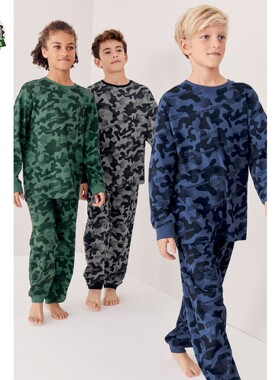 现货NEXT男童纯棉家居服 26春秋季蓝灰色迷彩儿童睡衣3套装3-16岁