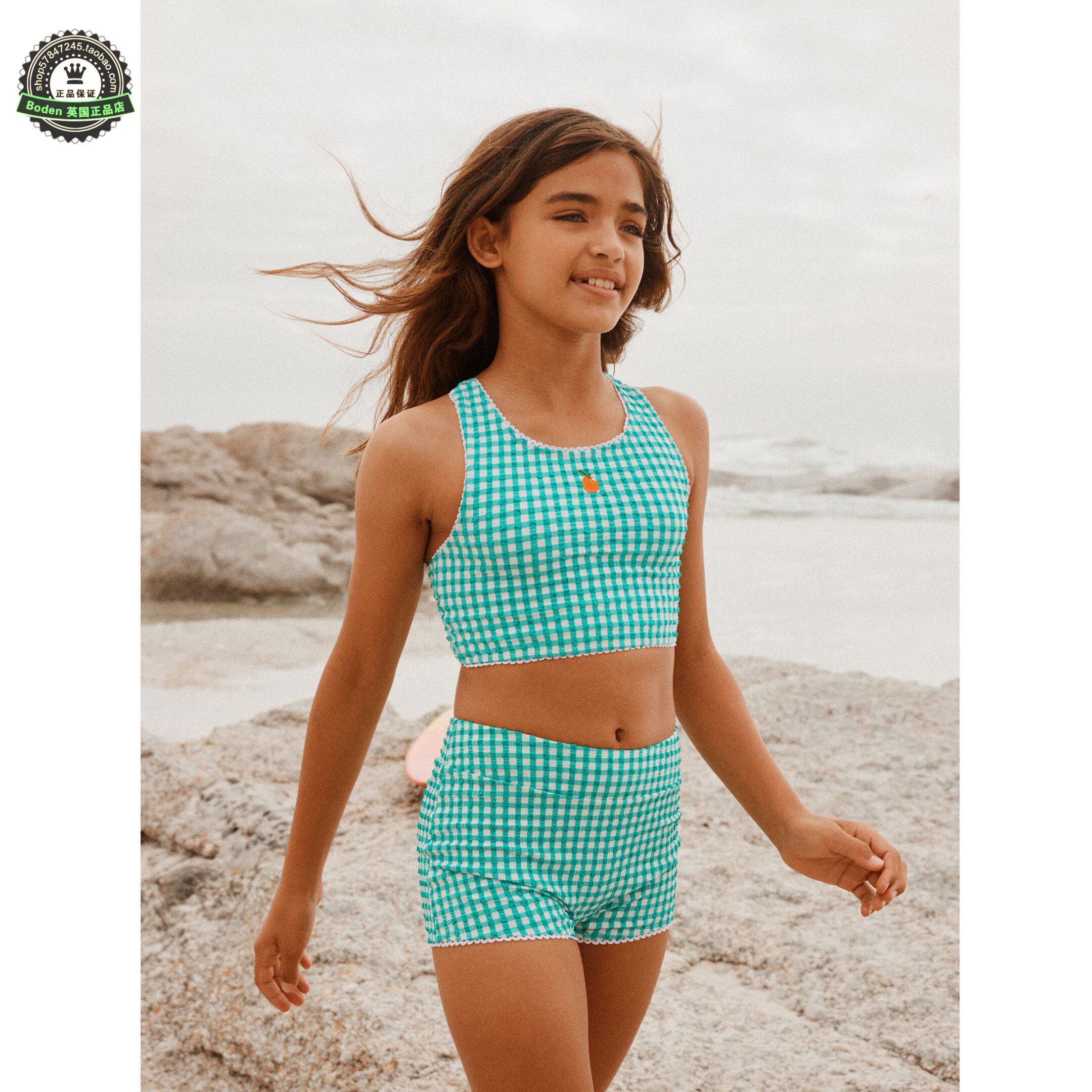 代购NEXT儿童泳衣 26夏季女童绿白格子比基尼平角分体泳装 3-16岁