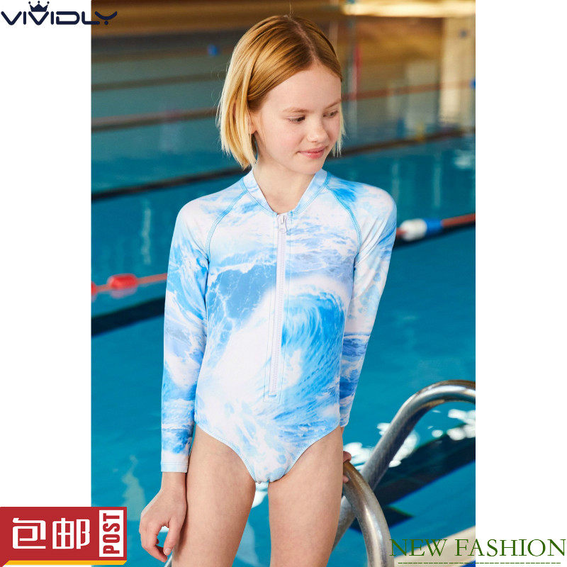现货 NEXT女童长袖防晒泳衣 夏季蓝色流云沙滩儿童浮潜服 7-11岁