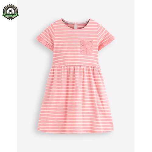 代购 MiniBoden女童连衣裙 26夏季粉色条纹纯棉短袖儿童裙 2-12岁
