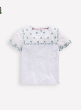 现货 MiniBoden儿童短袖T恤 女童白色纯棉刺绣花边半袖上衣 13岁