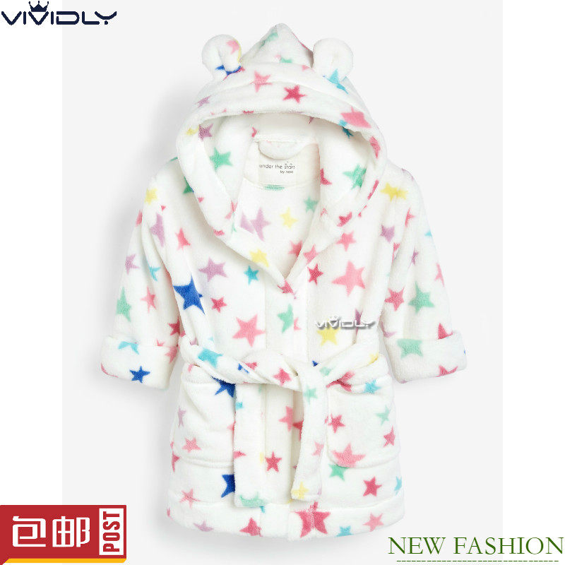 现货正品 NEXT儿童花彩星星睡袍 秋冬女童小宝宝连帽浴袍 (2-6岁)