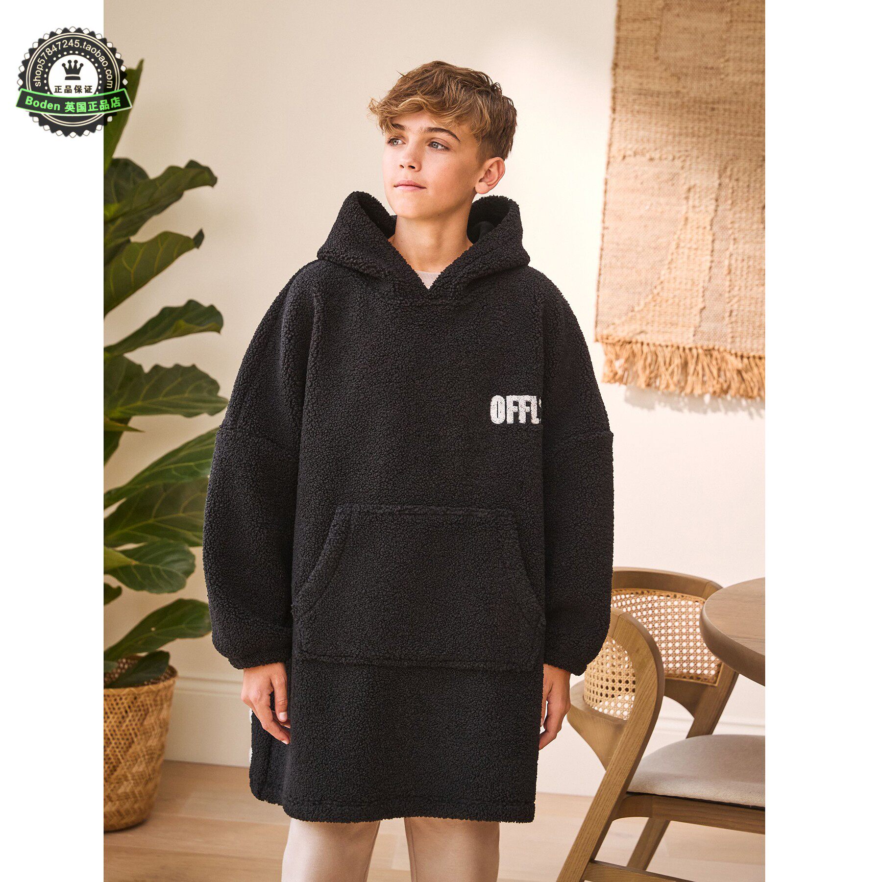 代购NEXT男童睡袍沙滩斗篷 26春秋季黑色抓绒儿童游泳浴袍 5-16岁