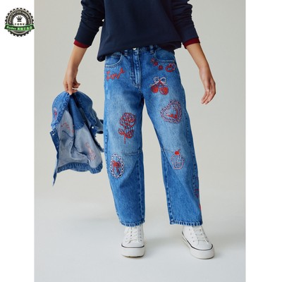 代购NEXT儿童牛仔裤 26春季女童蓝色刺绣桶形纯棉休闲长裤 3-16岁