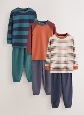 代购 NEXT儿童睡衣 26秋季男童橙绿色条纹纯棉家居服3套装 3-16岁