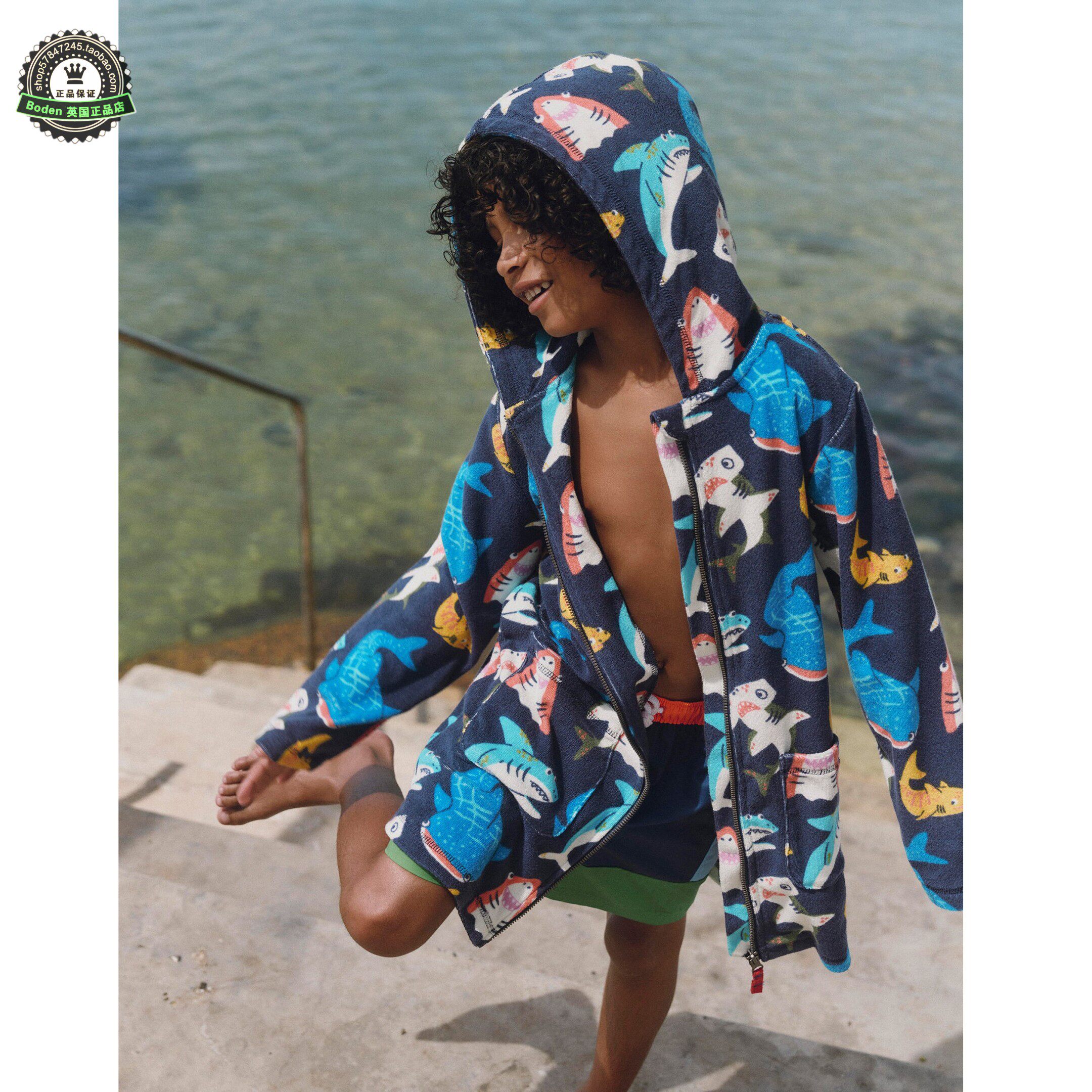 代购MiniBoden儿童泳袍 26夏季男童蓝色鲨鱼海滩游泳专用保暖浴袍