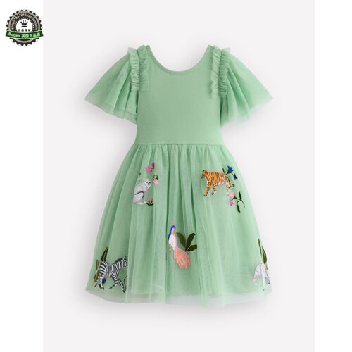 现货 MiniBoden女童连衣裙 26夏季绿色丛林短袖网纱儿童裙 2-12岁