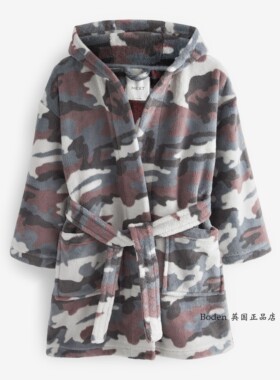 现货 NEXT儿童浴袍 秋冬季男童灰色迷彩抓绒柔软连帽睡袍 9-16岁