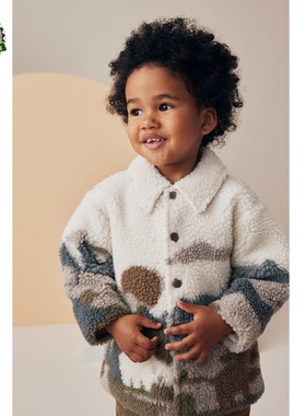 代购 NEXT儿童抓绒外套 2025秋季男童白色风景毛绒厚上衣 3月-7岁