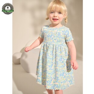 代购 NEXT女童连衣裙 2026春夏季蓝色罗纹柔软短袖儿童裙 3月-7岁