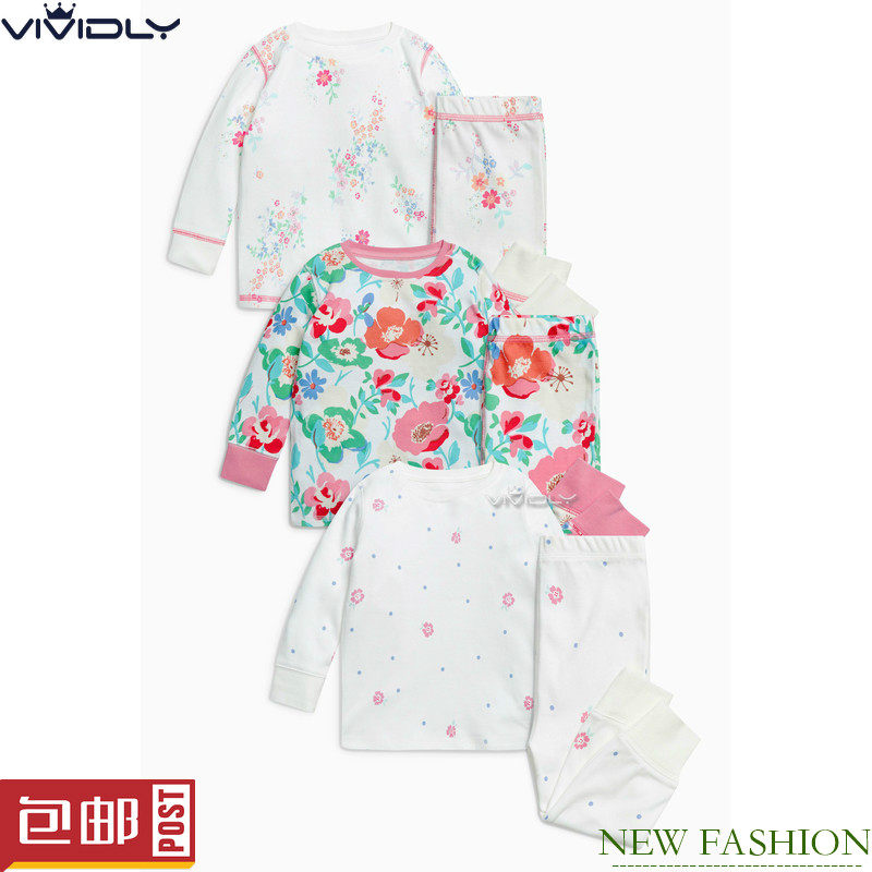 现货 NEXT女童纯棉家居服套装 春秋中小童粉色花朵秋衣秋裤3套2-3