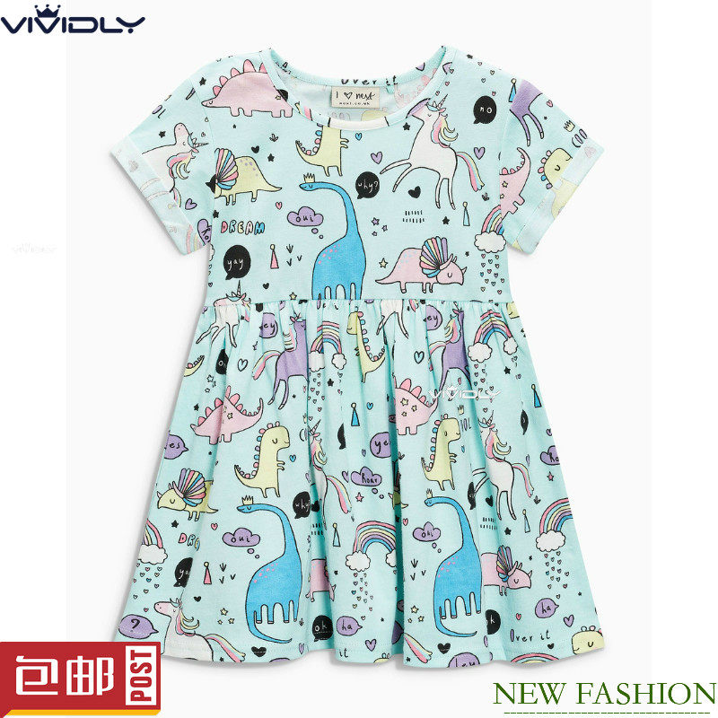 现货 NEXT儿童沙滩裙 小童女宝宝蓝色恐龙纯棉短袖连衣裙 9-18月