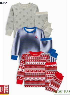 现货 NEXT男童红色家居服睡衣 秋季小童灰色星星秋衣秋裤3套 2-3