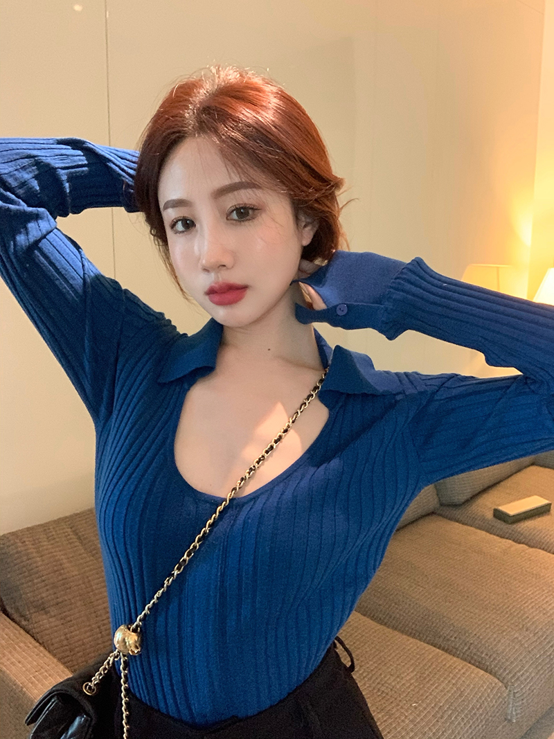 French style large U-neck T-shirt women's slim long sleeve sweater