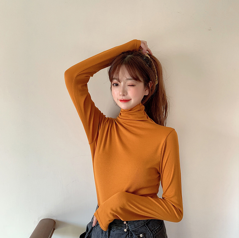 Real picture high neck bottoming blouse women's slim body with long sleeve stacked collar top