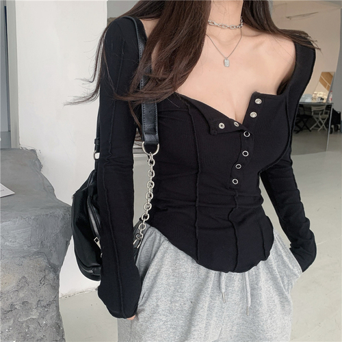 Real photo 2021 new base long sleeve T-shirt slim off shoulder sexy square collar top