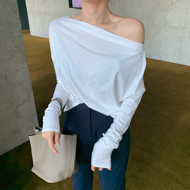 Slender Paper People's Long Sleeve White T-shirt with Loose Collar and Shoulder-open Top for Autumn Sunscreen