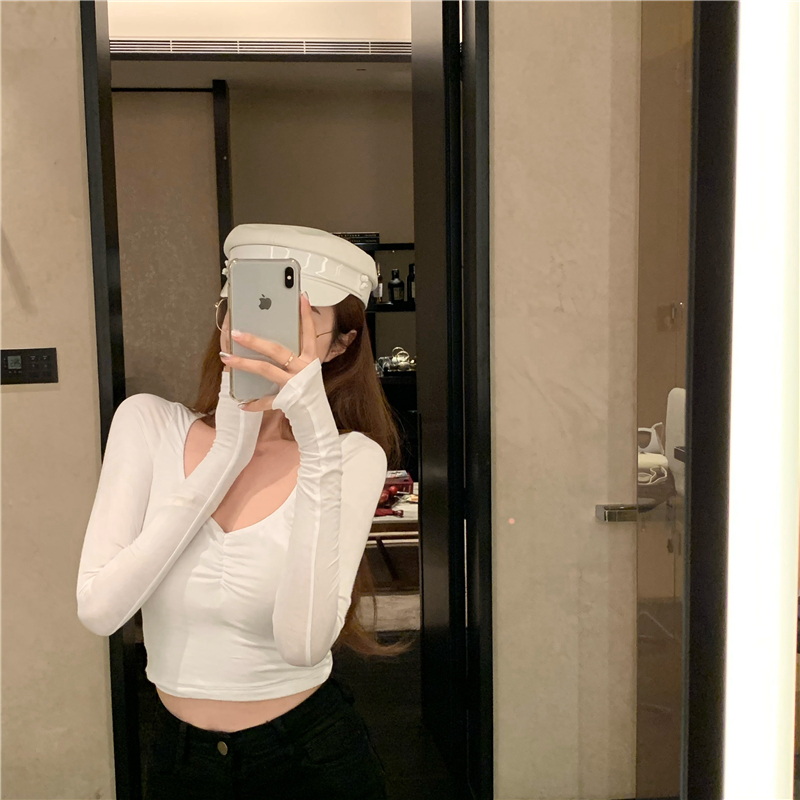 Real shot front double layer opaque sun proof clothes fried chicken soft round neck slim long sleeve bottoming shirt